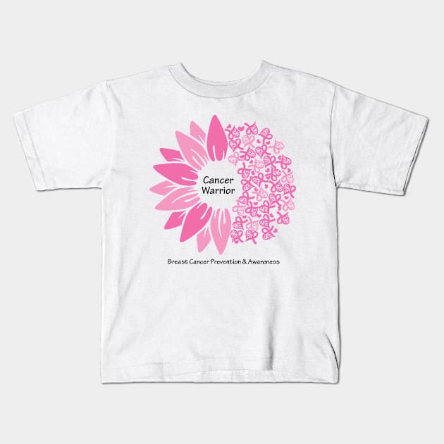 Breast cancer warrior with flower, hearts, ribbons & black type Kids T-Shirt by Just Winging It Designs